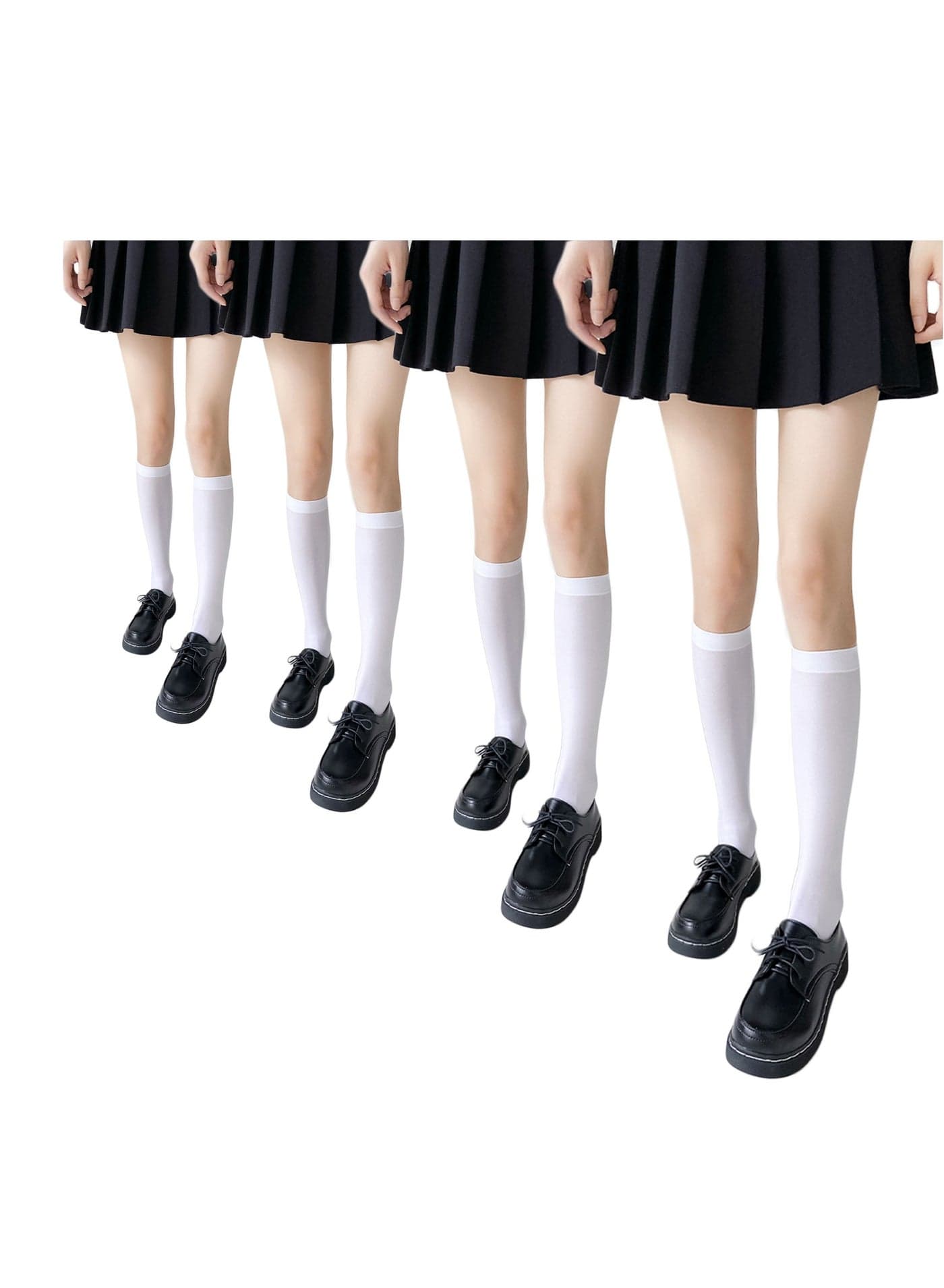 Women Girls Thin Cotton Knee High Socks, Women's Flat Knit Knee High Socks, 4 Pairs(White)