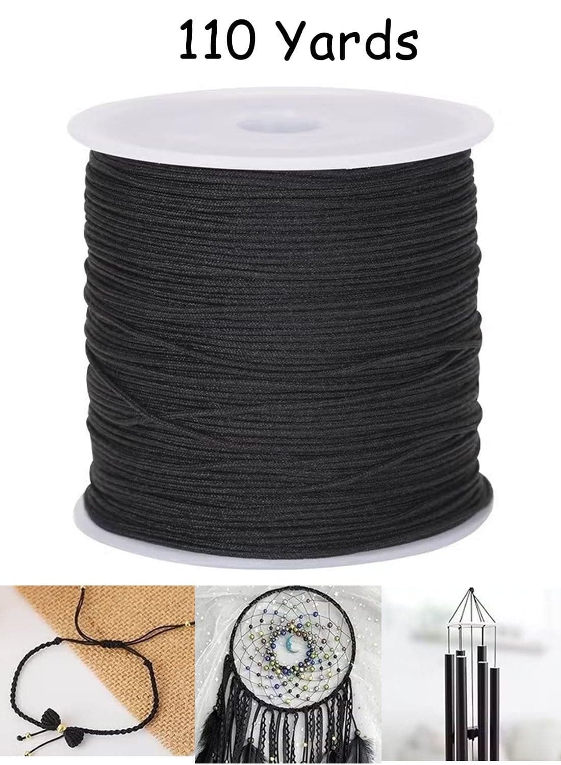 Black Nylon String, 110 Yards 0.8mm Nylon Thread Chinese Knotting Cord Tarred Twine Outdoor String for Braided Bracelets, Beading, Necklaces, Macrame Craft, Wind Chime, Blinds, Jewelry Making