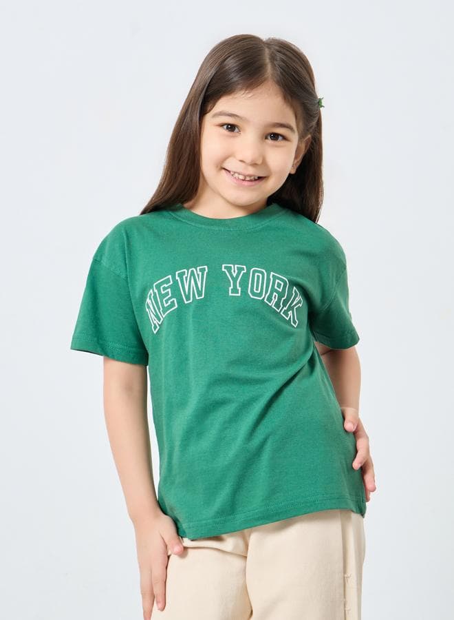 Girls Green New York Graphic Oversized T-Shirt