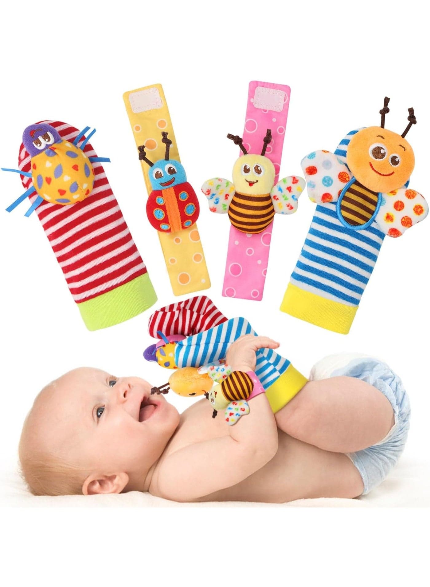 MOMENT Baby Wrist Rattle and Foot Finders Socks Newborn Hand and Foot Toys for Baby Boy/Girl, Sensory Developmental Toys Set for Babies - 0-12 Months