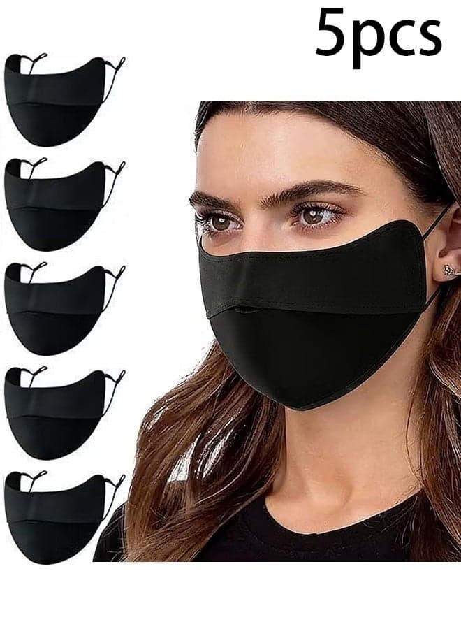 5 PCS Reusable High-quality Material Dustproof and Sun-Protective Mask Covers for Men & Women, fabric with curved nose design for perfect fit. Two adjustable elastic loops for comfortable wearing without ear pressure. Black color, dust-proof, UV protection, washable & durable, ideal for daily commute and outdoor activities.