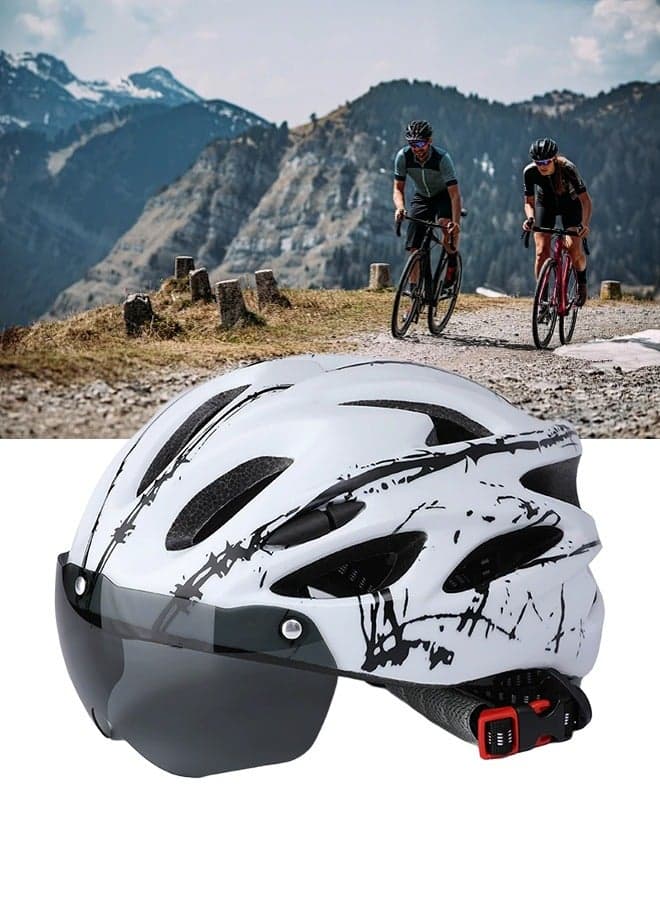 Adult bicycle helmet with detachable magnetic goggles, road and mountain riding protective helmet, adjustable size,unisex,white and black