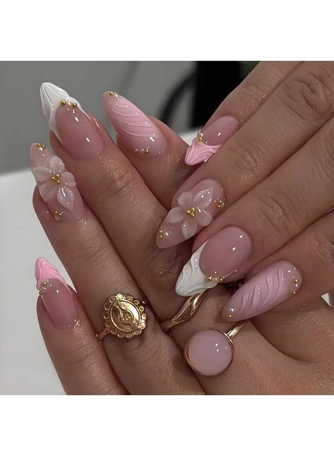3D Pink Press on Nails Almond - Medium French Tip Fake Nails with Embossed Flower&Gold Bead Designs, Glossy Finish Reusable False Nails with Glue Tabs - 24Pcs Nail Kit for Women Manicure
