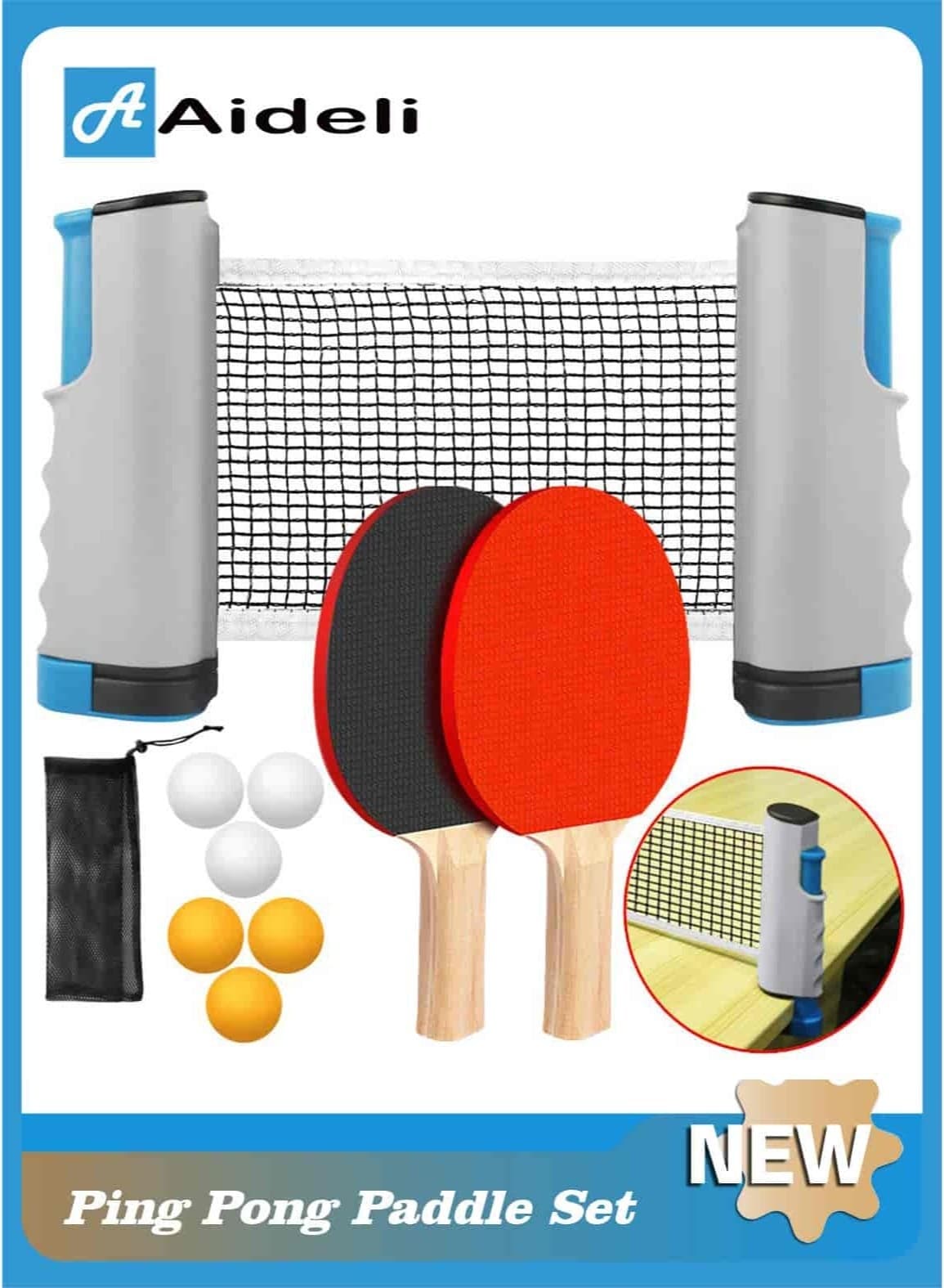 Ping Pong Paddle Set with Retractable Net, Portable Table Tennis Set with 2 Rackets, 6 Balls and Carry Bag for Children & Adults, Indoor Outdoor Games
