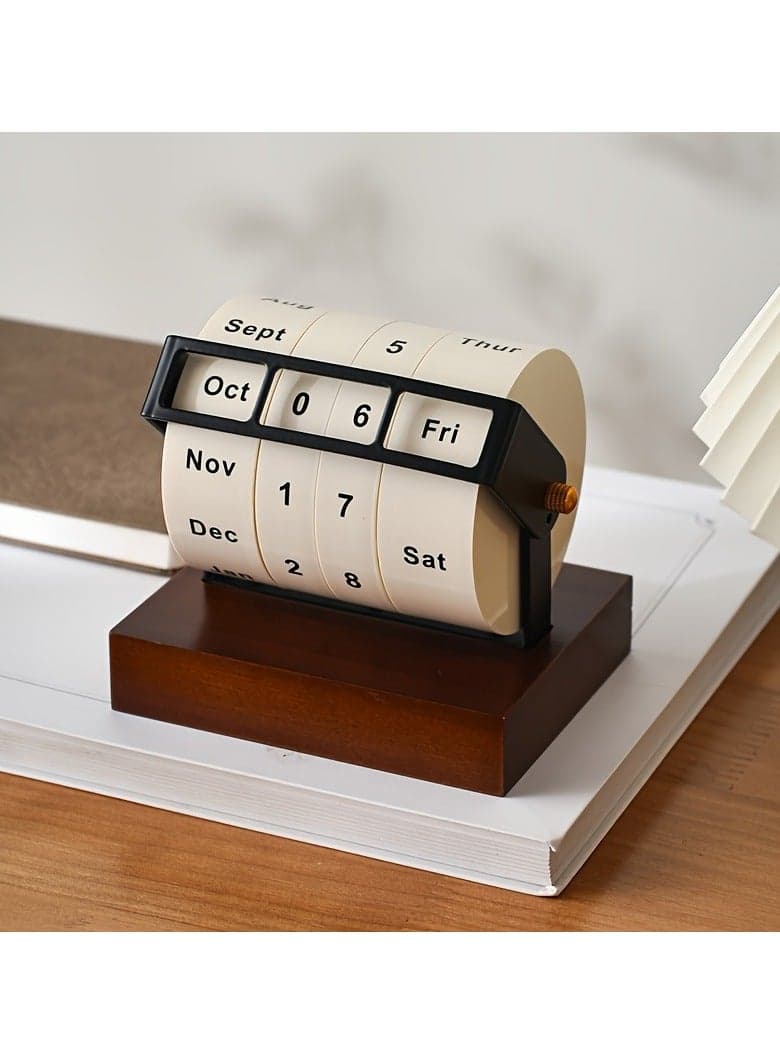 Wooden Perpetual Calendar, Vintage Desktop Flip Countdown Reminder, Mini Rotating Desk Calendar, Retro Wooden Block Date Display for Home and Office Decor