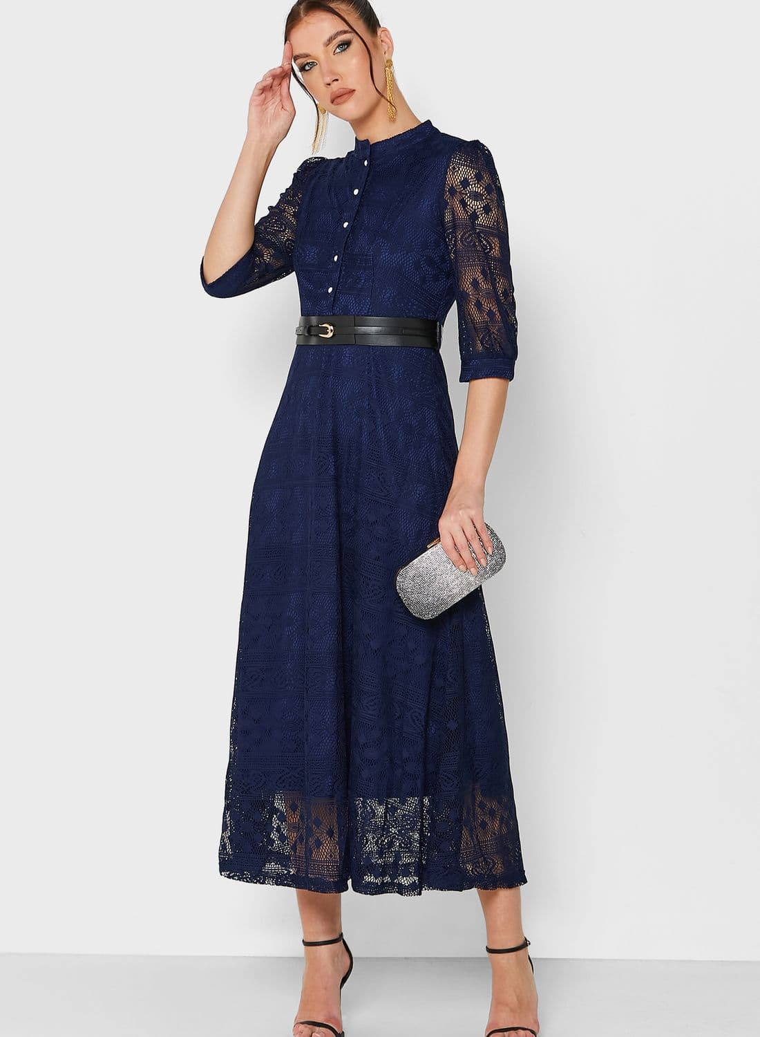 Lace Belted Midi Dress