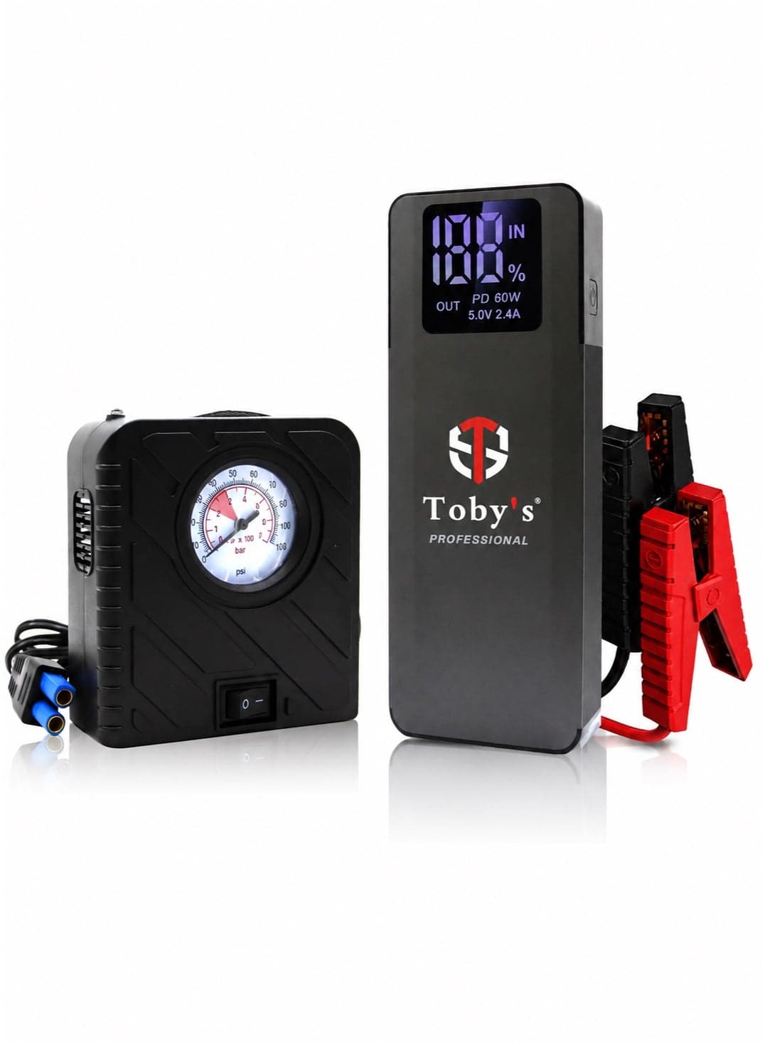 Toby’s X20 Compressor 16000mAh Car Jump Starter with Air Compressor, ABS Waterproof Housing, Multi-Device Charging, Safety Protection, 12V Vehicle Support, Portable Lightweight Power Bank