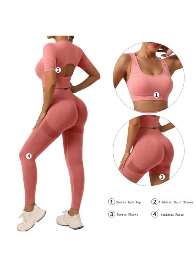 4 Piece Workout Sets for Women Butt Lifting Leggings with High Impact Sports Bra Gym Shorts Sports Short Sleeve