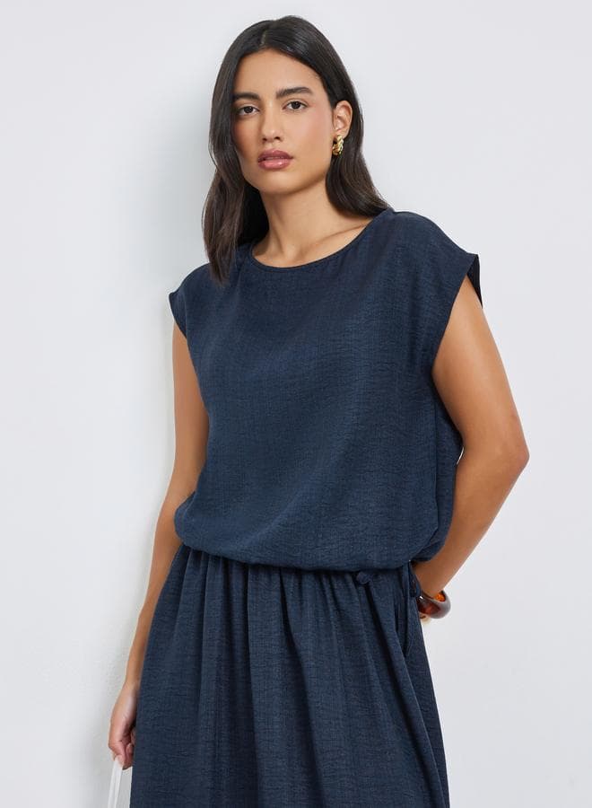 Navy Blue Cap Sleeve Top with Drawstring