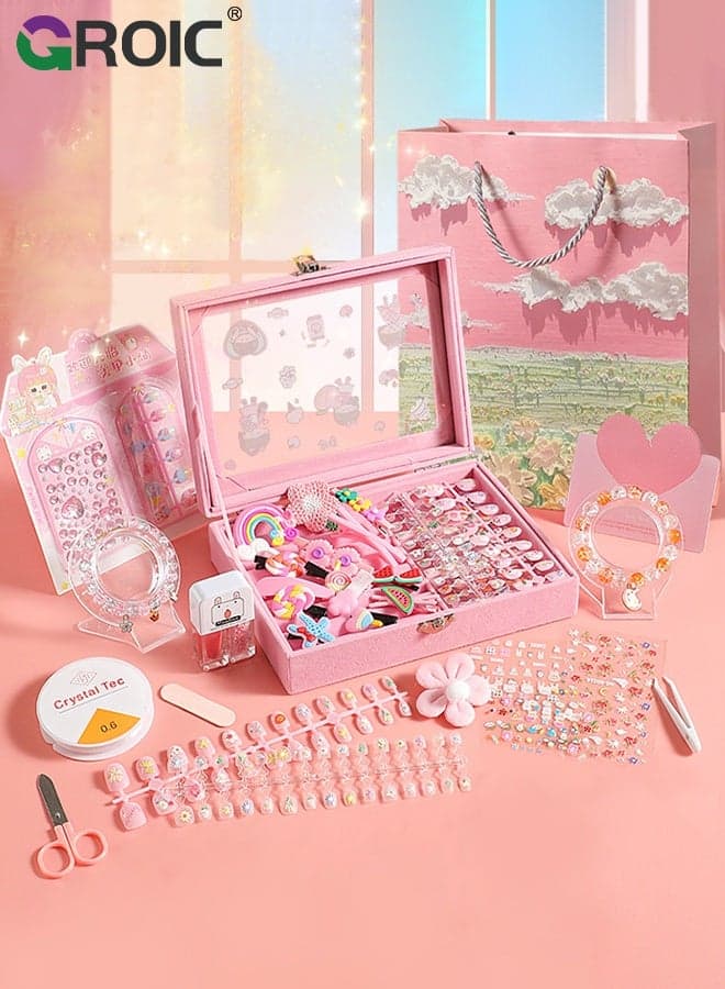 Kids Nail Art Set for Girls - Press on Nails Set, Nail Polish Set, Jewelry Boxes Hair Accessories, Makeup Kit, Pre Glue Stickers Nails Full Cover Short Acrylic Nails Set Toddler Birthday Gifts Princess Toys
