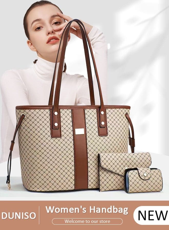 3PCS Tote Bag Set for Women Large Capacity Hand Shoulder Bag with Adjustable Drawstring Fashion Purse Clutch Bag Set for Office Travel Daily Bag