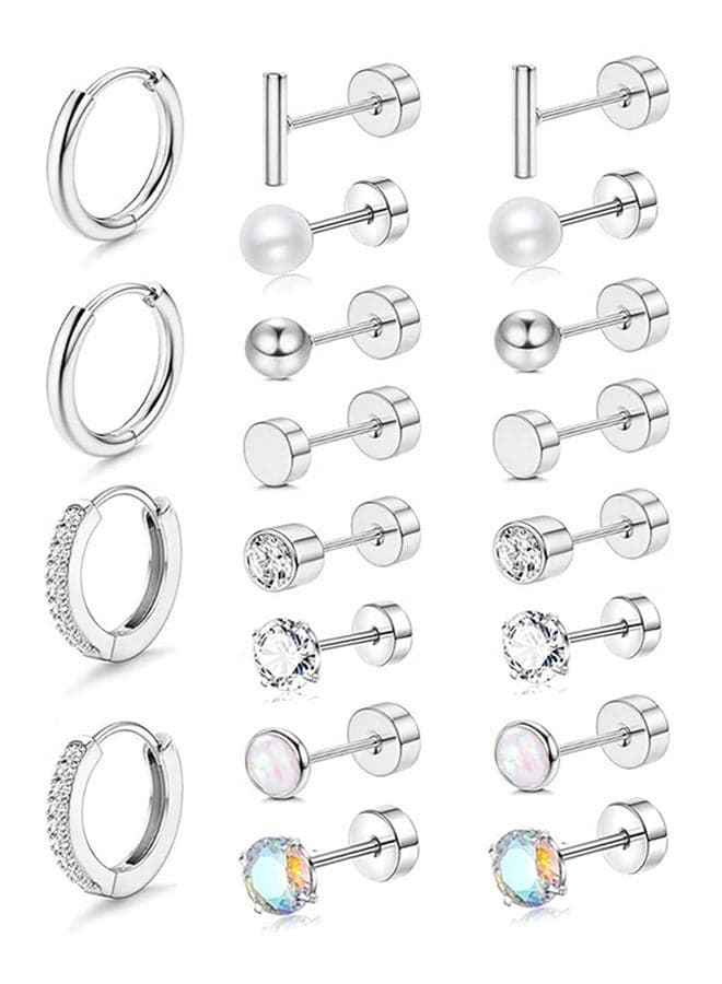 10 Pairs Tiny Stud Earrings Hoop Earrings Set for Women, Stainless Steel Screwback Flatback Stud Earrings Tiny Pearl Stud Earring Piercing Jewelry Silver