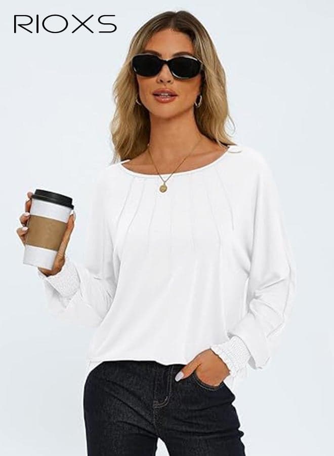 Women's 3/4 Sleeve Crewneck Pleated Tunic Tops, Trendy Loose Fit Lantern Sleeve Sweatshirt for Ladies, Business Casual Pullover T-shirt, Flowy Tunic Blouses, Comfortable Lightweight Spring Fall Outfits for Office, Party, School, Running, Sport, Gym and More, White