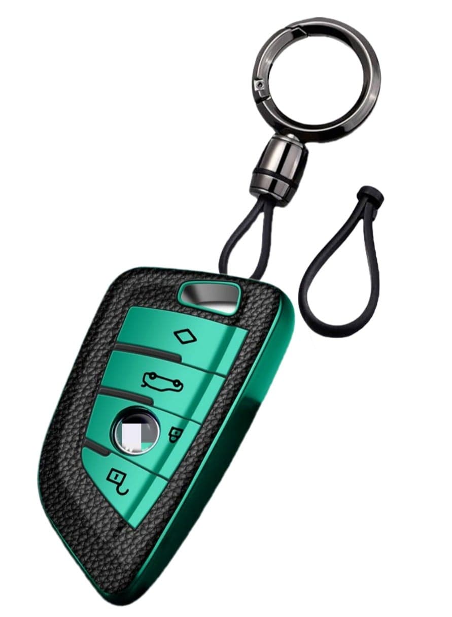 OUYoo Key Fob Cover Case, Keychain, Metal Shell Cover Compatible for BMW 2 3 5 7 Series X1 X2 X3 X5 X6 X7 X5m Z4 M3 M5 M6 G05 G20 G30 G31 G80 F10 F15 Series Premium TPU all-inclusive key case with key chain.(Green)