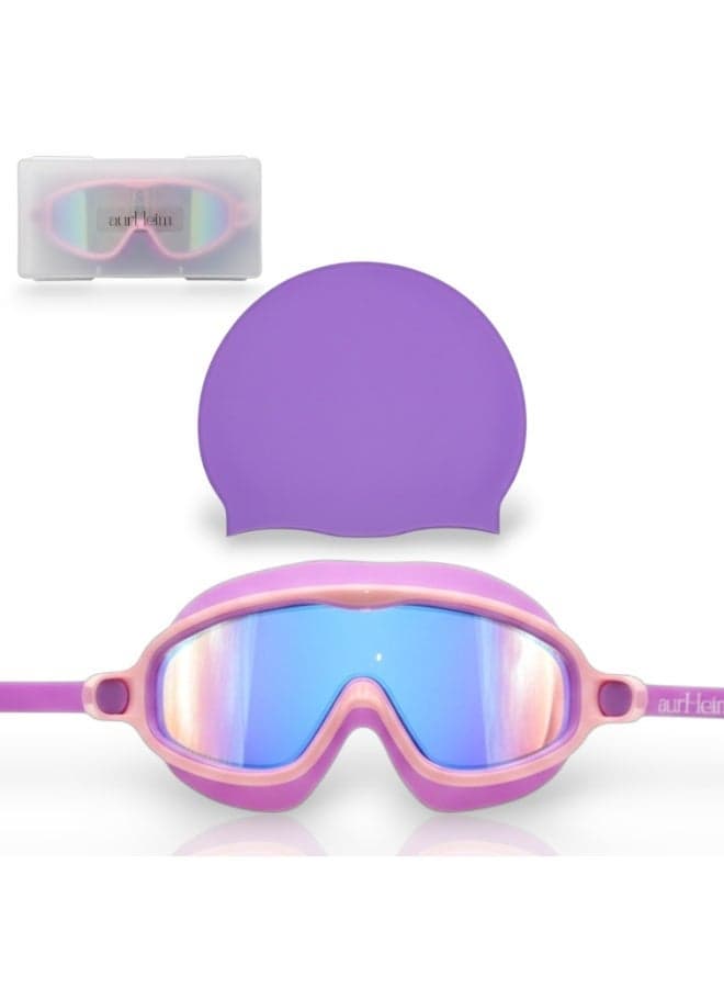 Swimming Goggles for Kids with head cap Pool Goggles No Leaking Anti Fog UV Protection Waterproof Wide Frame PURPLE