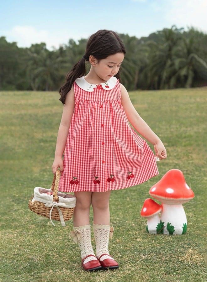 Girls Gingham Cotton Dress with Cherry Embroidery and Peter Pan Collar
