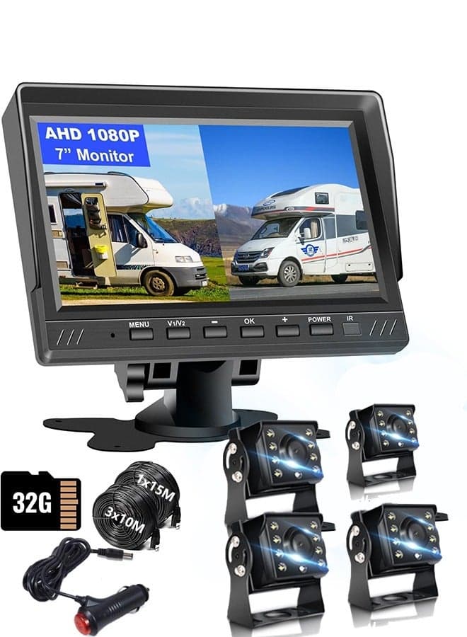 Professional Dual Backup Camera System - 7 inch Split Monitor with 32GB SD Card & IP69 Waterproof Cameras, 2-Channel AHD Recording for Trucks/Trailers/Semis, with Cigarette Lighter and 1×15m & 3×10m cable