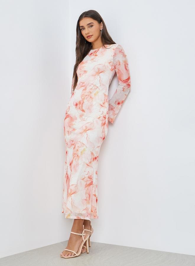 Peach Marbled Print Bodycon Maxi Dress