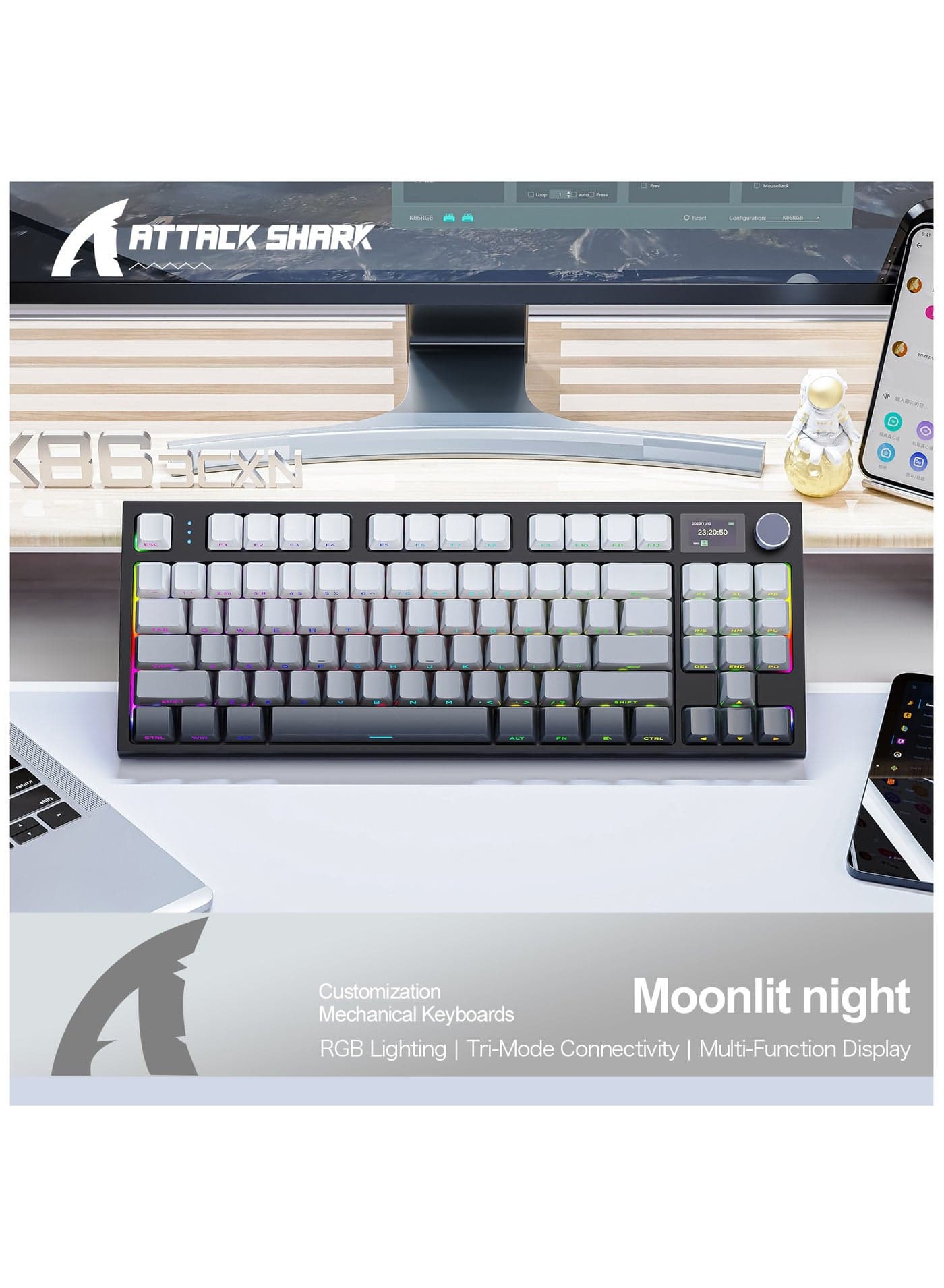 K86 RGB Wireless Mechanical Gaming Keyboard – Gasket Mount – Triple Mode (Bluetooth 5.0, 2.4G, USB-C) – 87-Key Hot-Swappable – Smart TFT Display – Metal Volume Knob – 4000mAh Battery – PBT Keycaps – PC/Laptop/Mac Compatible (Moonlit Night Black)