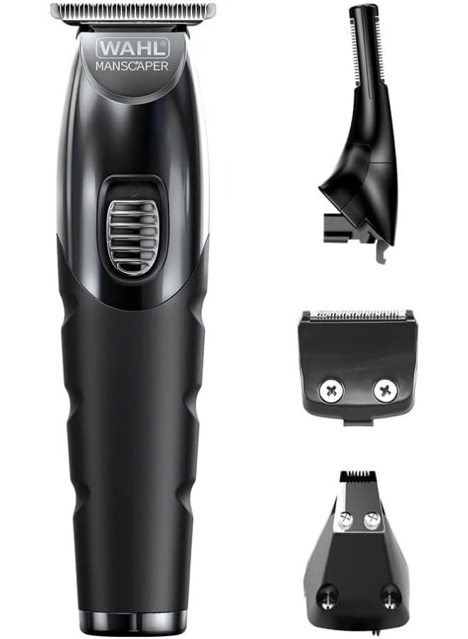 Manscaper Toolbox, Full Body & Beard Trimmer, 4 Detachable Heads, Safe-Touch Blade Heads, Easy Clean Washable Blades, Multi-Length Trimming, Nose & Ear Trimmer, Rechargeable, Black - 3027453 Balck