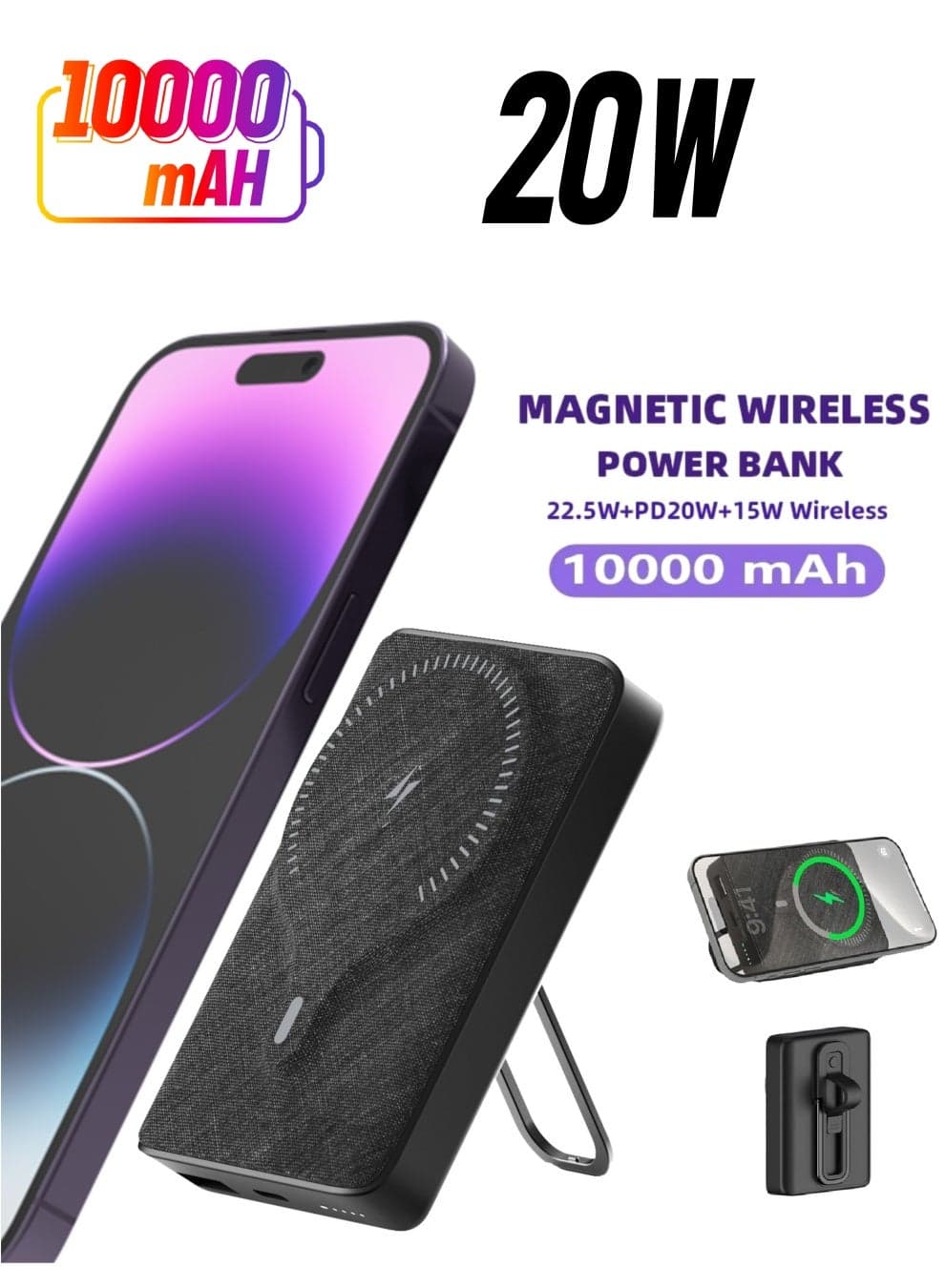 Wireless & MagSafe Power Bank, 10000mAh Portable Charger with Stand & 20W PD Fast Charging, Magnetic Battery Pack for iPhone 17 Air/17 Pro/17 Pro Max/16/15 Series, iPad, Samsung Galaxy S25/S24/S23, Google Pixel 9/8 & More, USB-C Power Bank with Type-C Cable, Fast Charge for iPhone & Android Devices