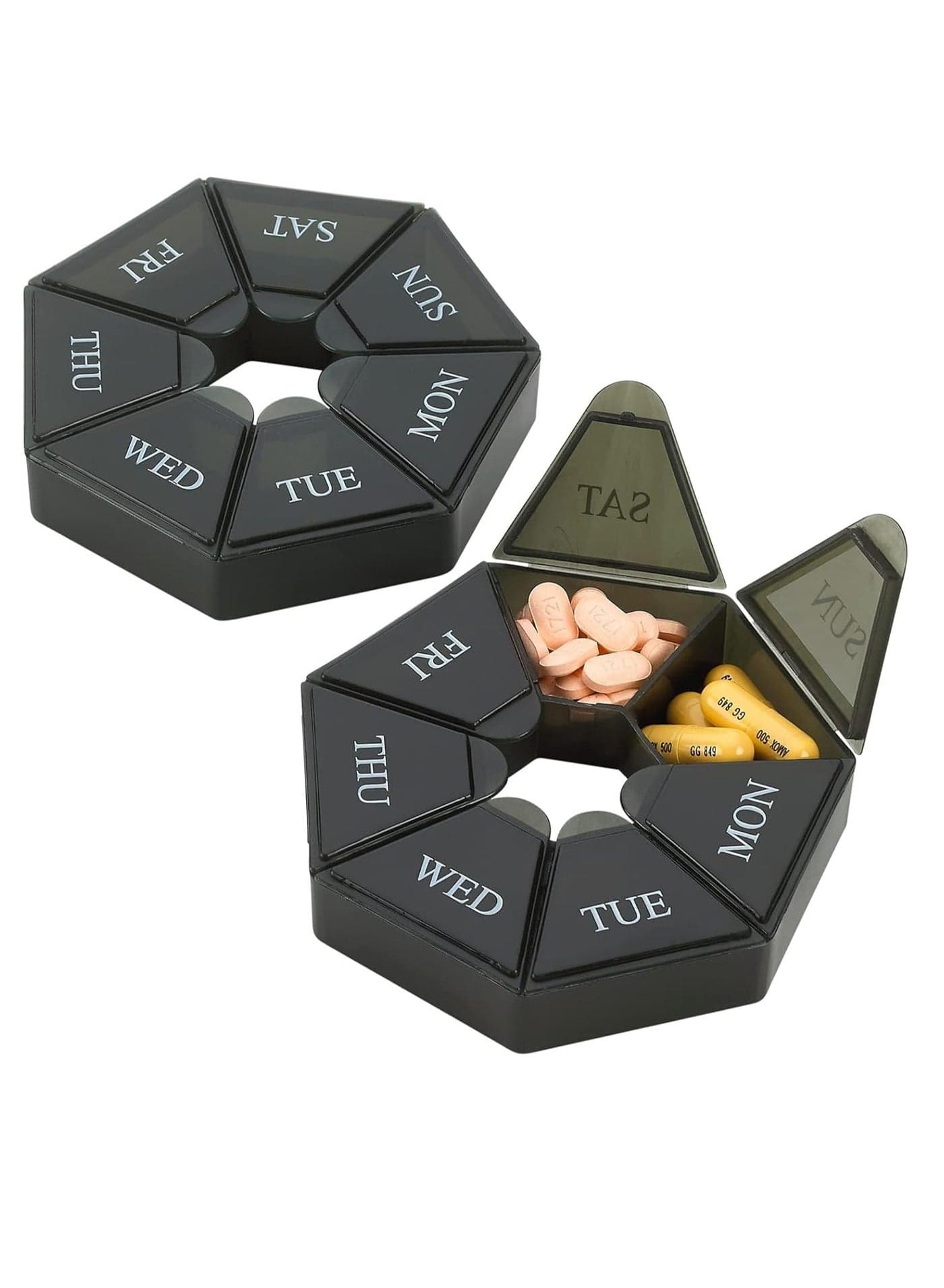 2pcs Weekly Pill Organizer, Pocket Portable Travel Pill Box with Compartments, Medicine Pills Box, Pill Holder Vitamins, 7 Sided Pill Organizer for Storage Cod Liver Oil and Supplements