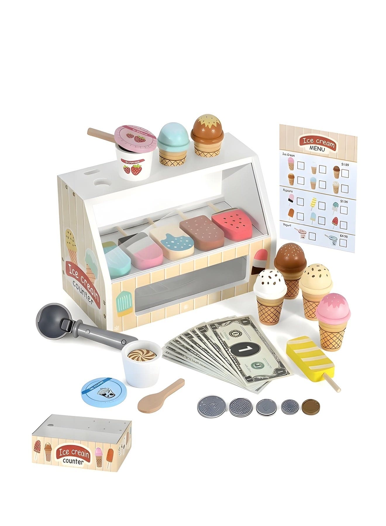 Wooden Ice Cream Counter Playset for Boys Girl Toys,Wooden Ice Cream Set,Play Store Pretend Toy Food Play Kitchen Accessories with Scoop & ,Toddler Ice Cream Shop Toys for Kids