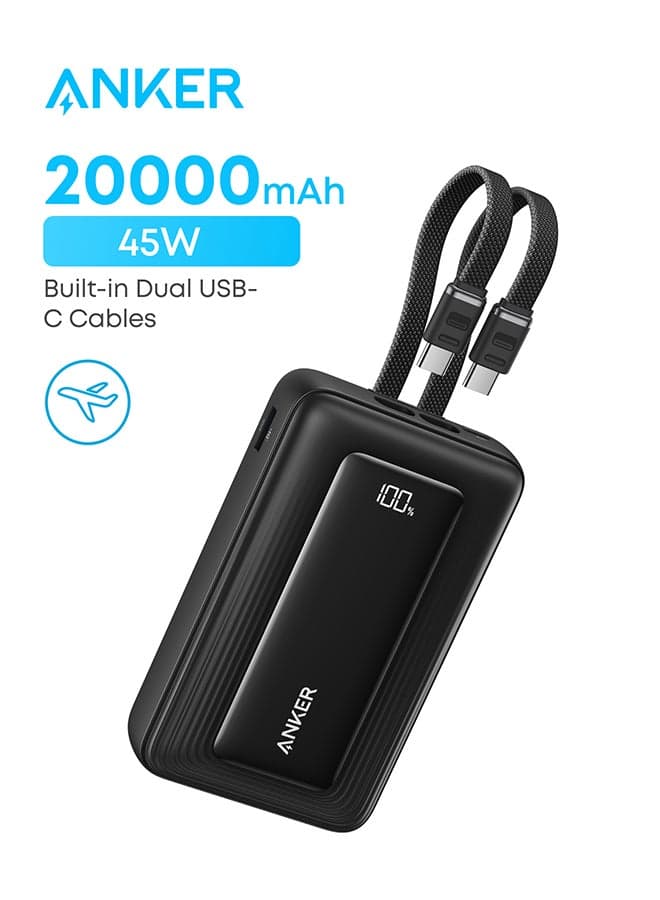 2000 mAh Anker Zolo Power Bank, 45W Max Fast Charging, 20,000mAh Battery Pack with Dual Built-In Cables, 1 USB-C and 1 USB-A Port, for iPhone 17/16 Series, Samsung, MacBook, iPad, and More Black