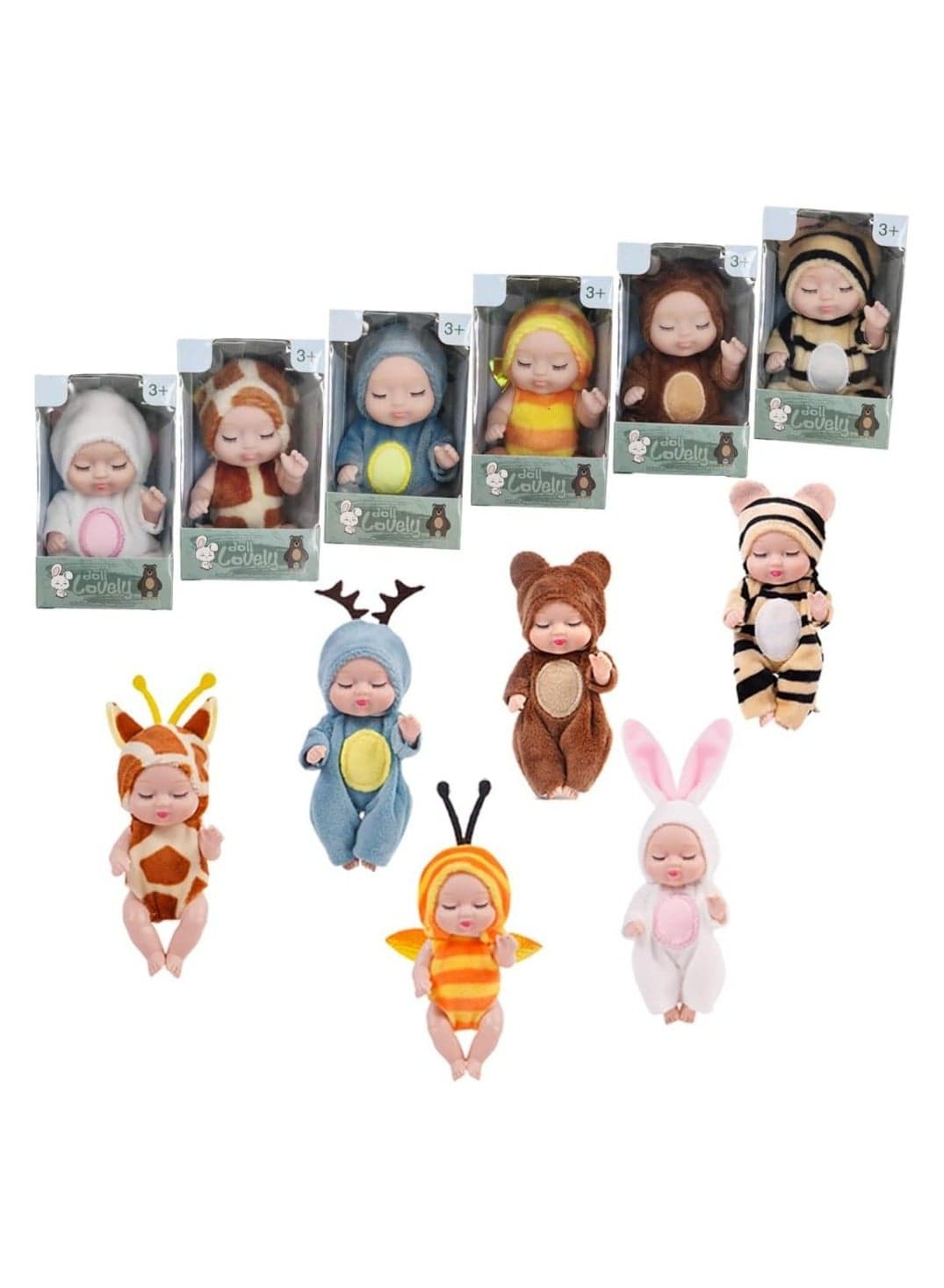 Cute 6-Piece Set of Mini Children's Dolls, With Animal Costumes, Washable