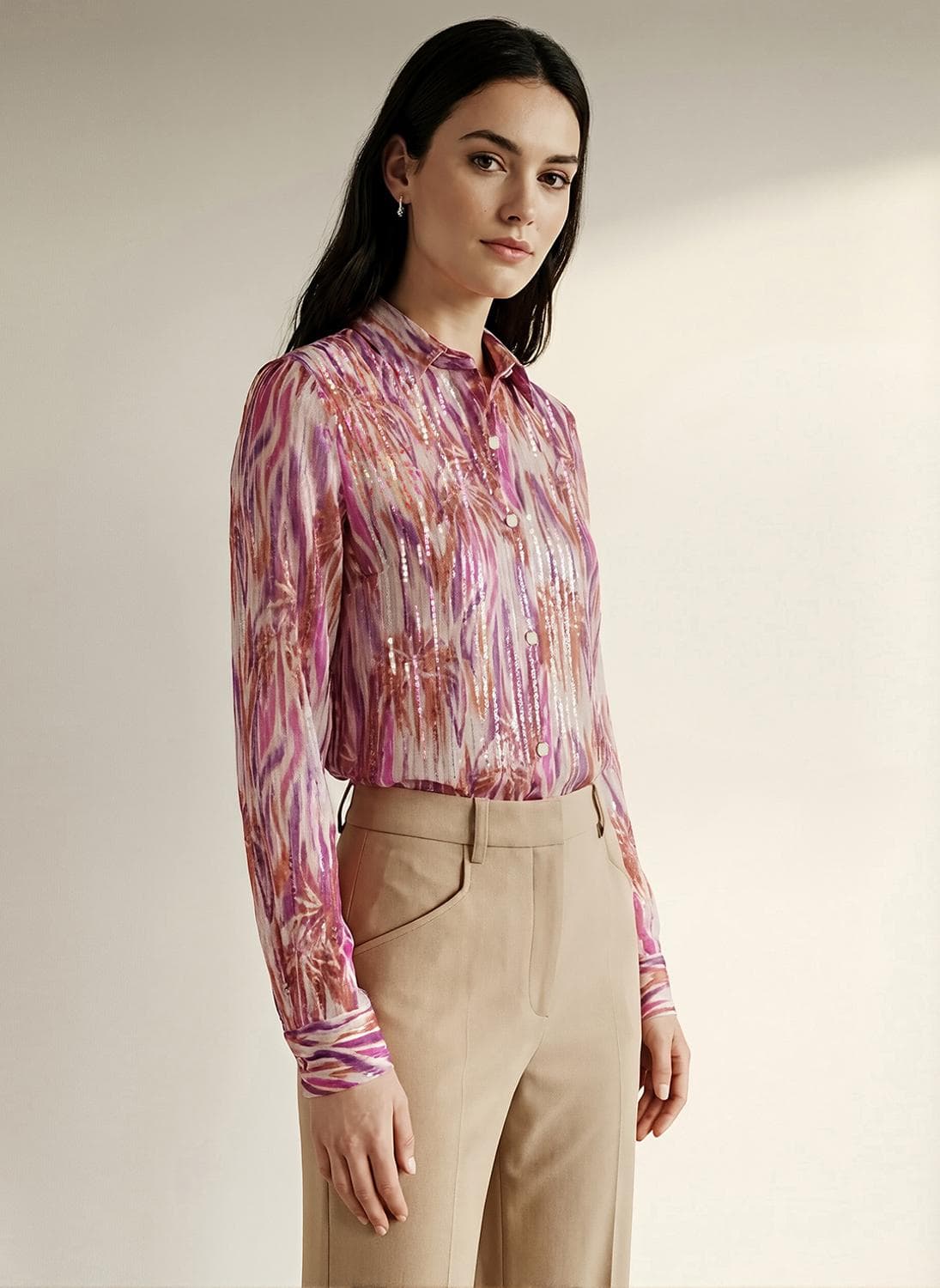 Globus Women Multicolour Spread Collar Abstract Print Sequinned Detail Cuffed Sleeves Oversized Georgette Party Shirt