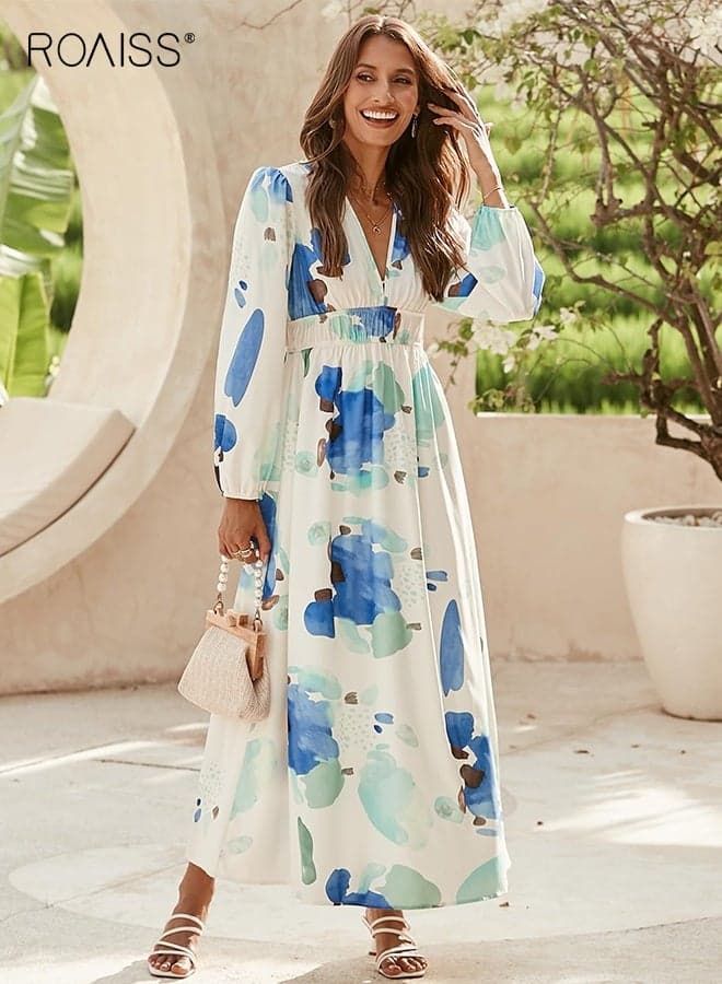 Women's V Neck Long Dress Long Sleeve High Waist Smocked Maxi Dress Spring and Autumn Printed Casual A-Line Work Office Midi Dress Elastic Waist for Women