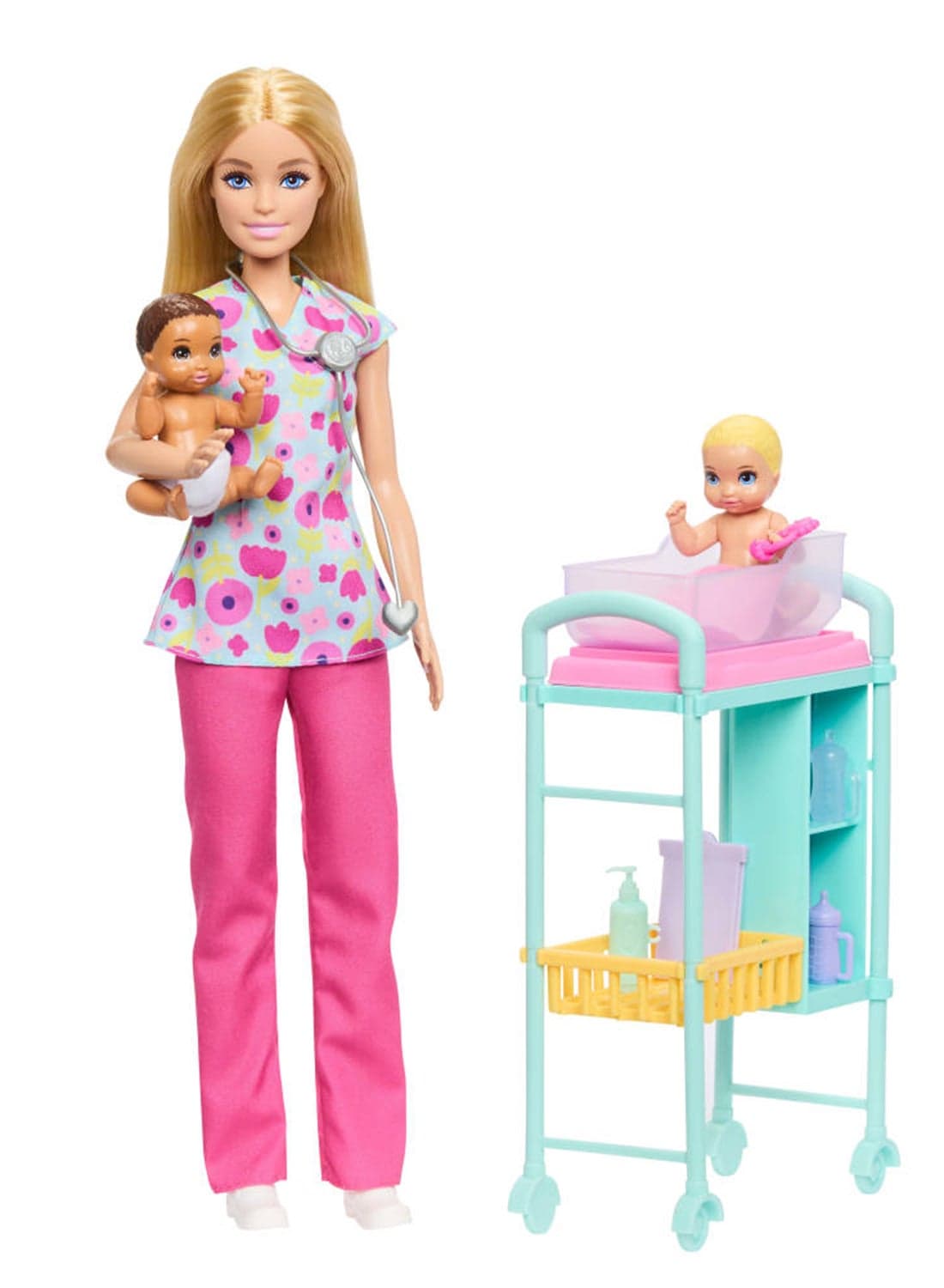 Careers Baby Doctor Playset with Blonde Barbie Doll Wearing Scrubs, 2 Baby Dolls, Examination Table & Accessories