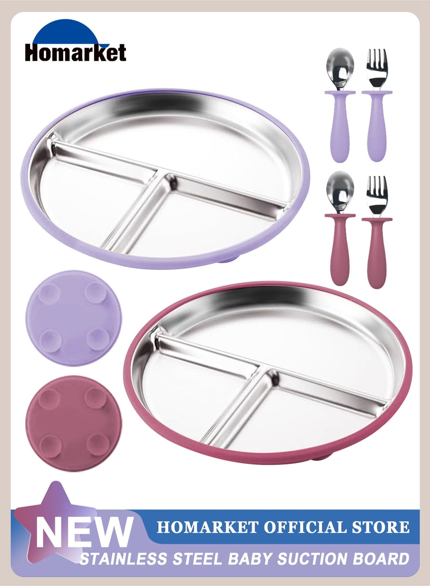 2 Pack Stainless Steel Baby Suction Plates & 2 Pack Spoons and Forks Set, Toddler Utensils Baby Feeding Set, Divided Plates for Baby Led Weaning Supplies, BPA-Free (Purple/Pink)