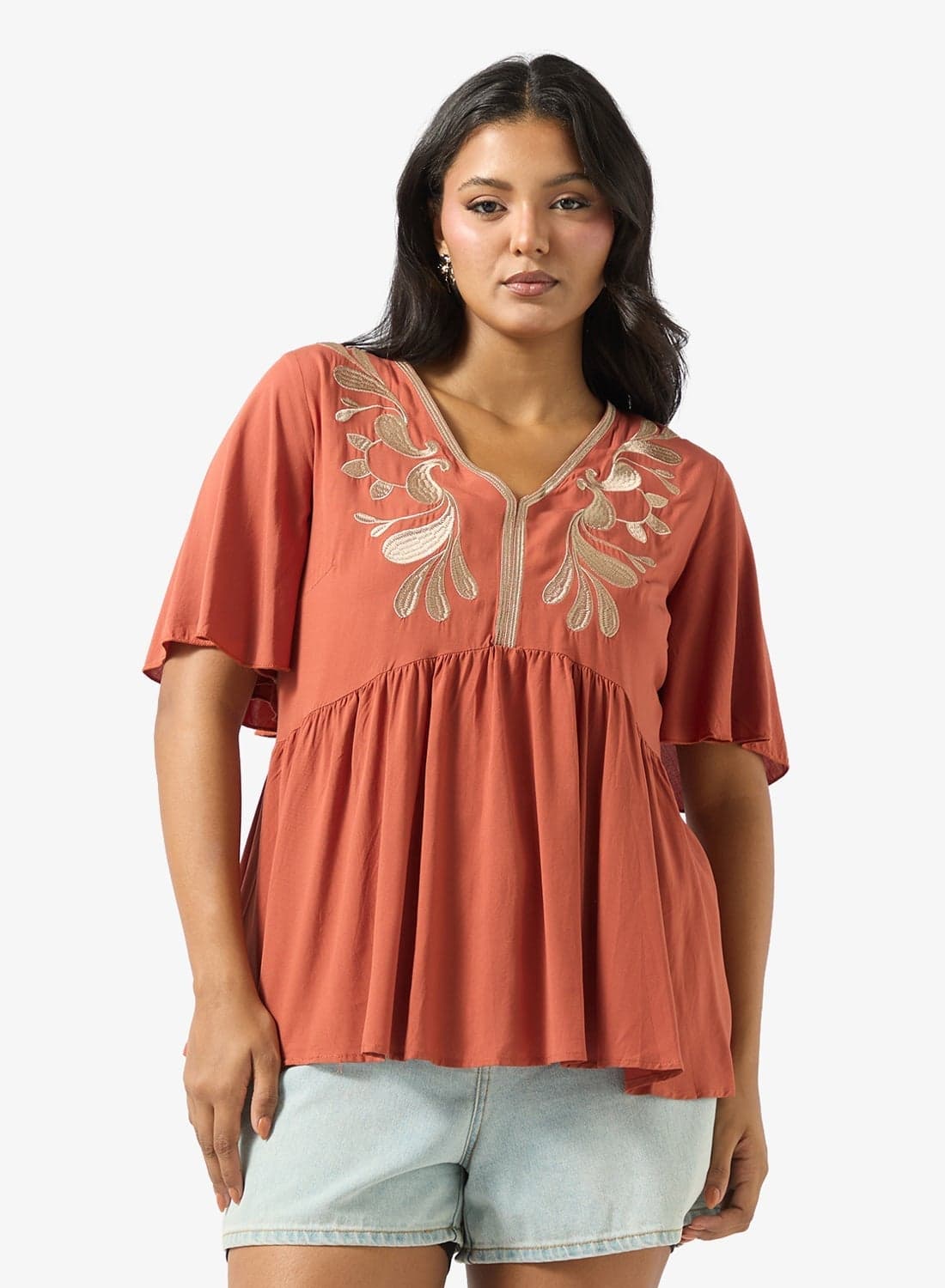 V Neck Boho Embroidered Top