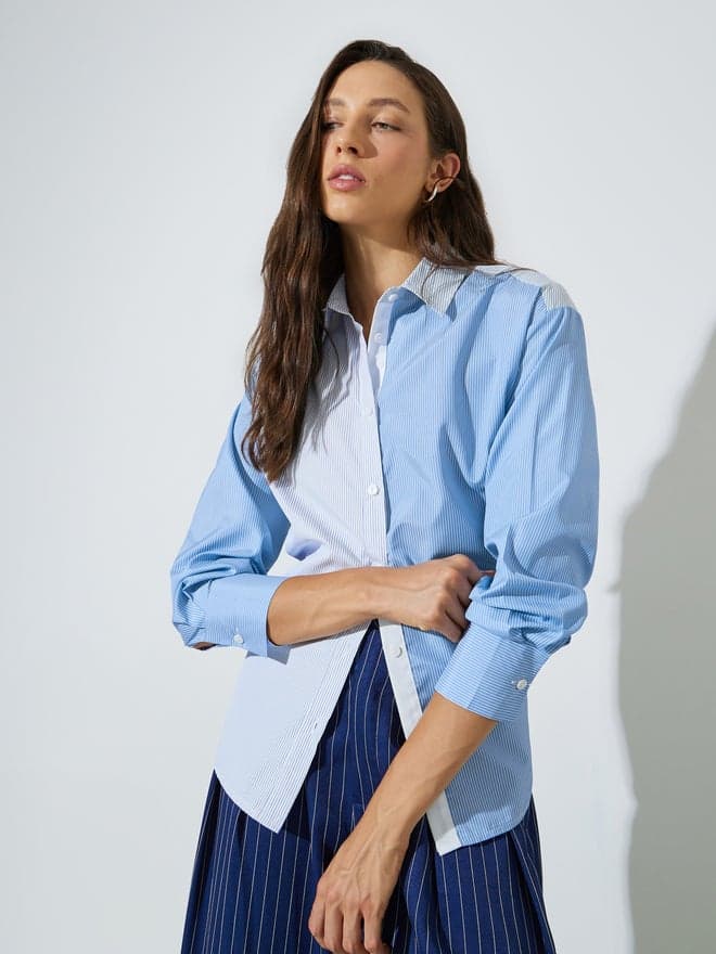 Styli Blue Stripe Color Block Long Sleeve Shirt