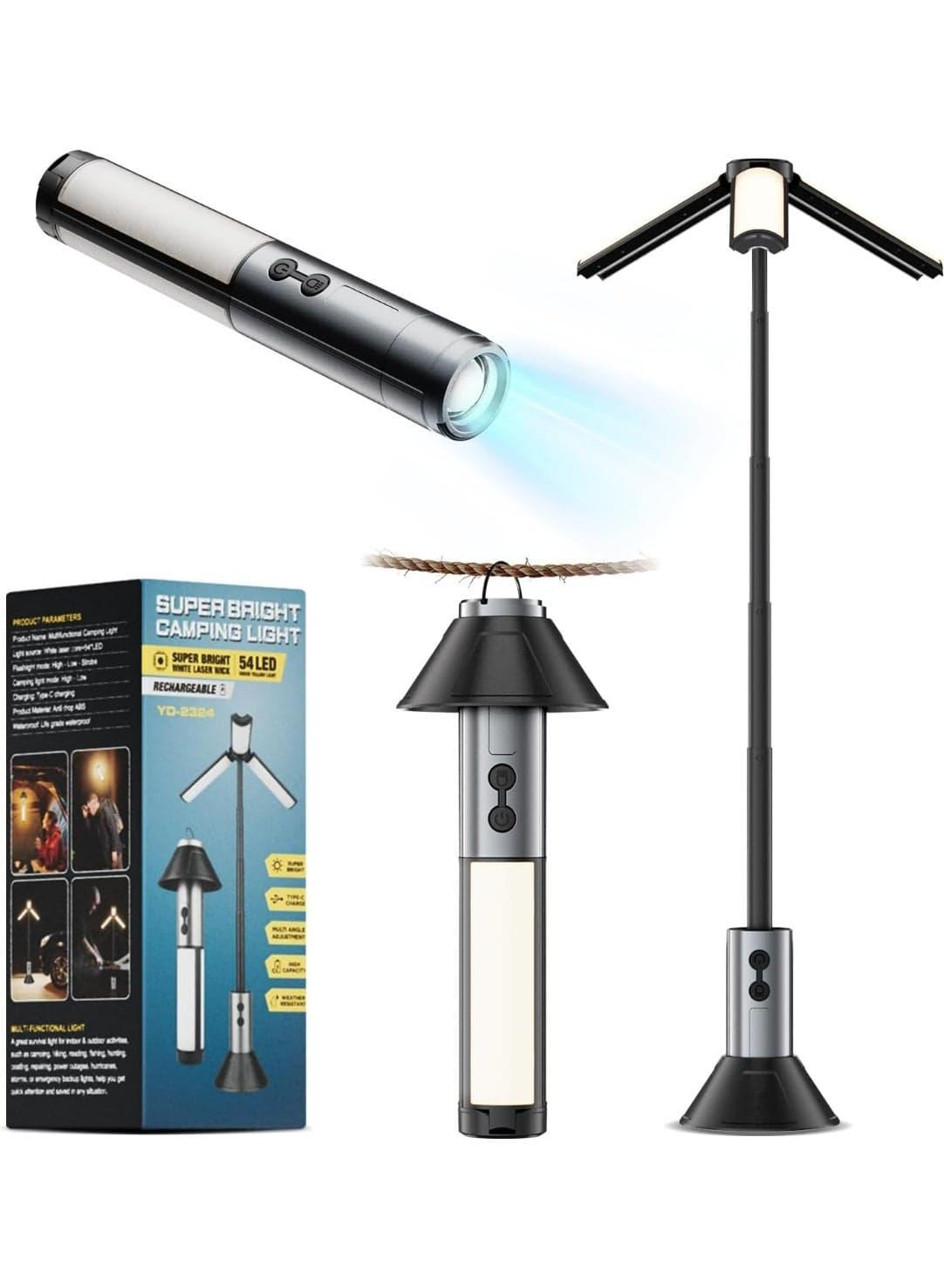 Foldable Camping Light,3000mAh Rechargeable Telescopic Lantern, Waterproof Tent Light, Rotatable Outdoor Lamp with Detachable Lampshade, Portable Flashlight Use for Travel,Fishing,Working