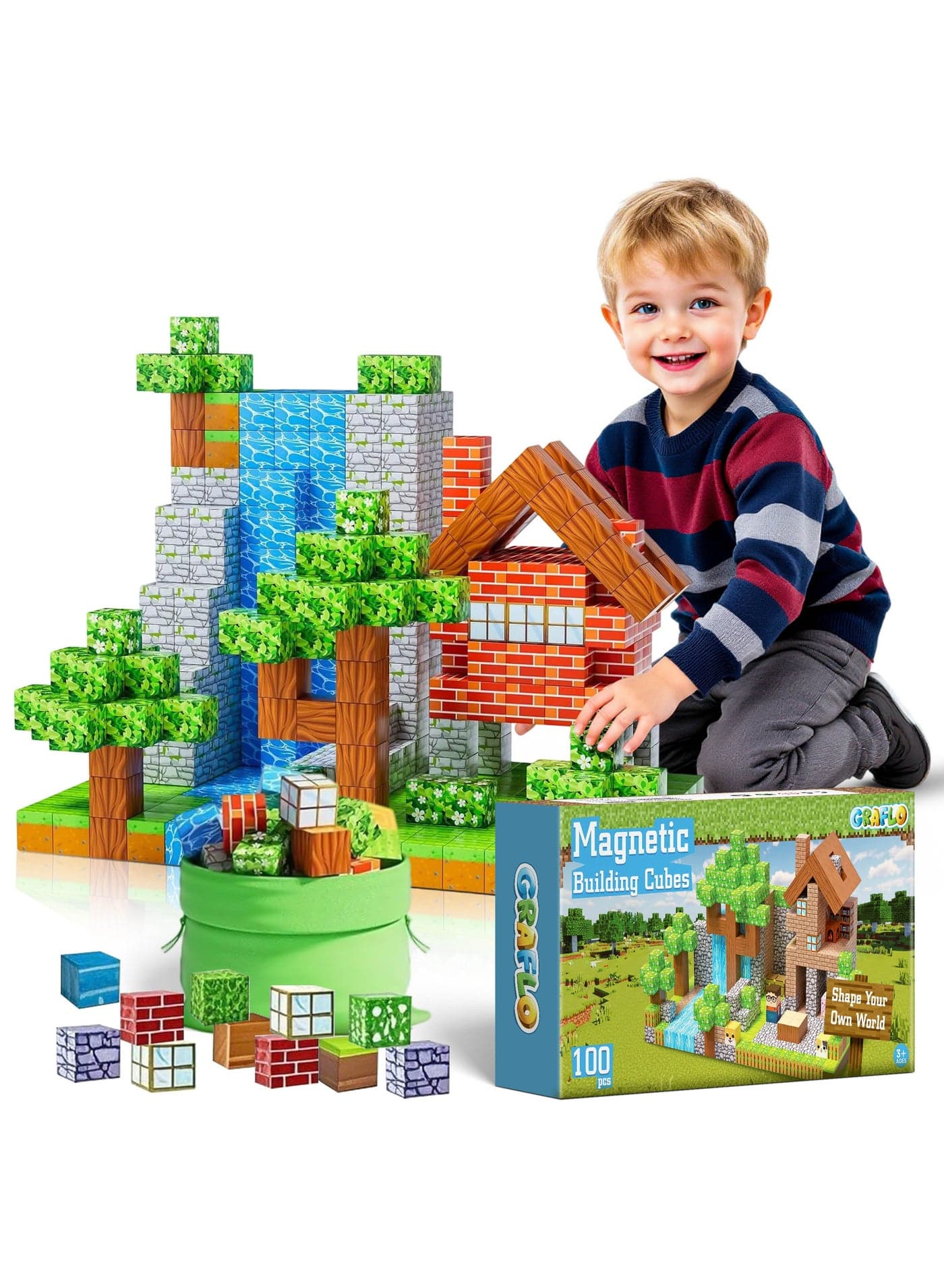GRAFLO Magnetic Blocks - 100PCS Magnets Cubes, Magnetic Building Blocks STEM Montessori Sensory Toys for 3 4 5 6 7 8-13 Year Old Boys Girls Birthday for Kids