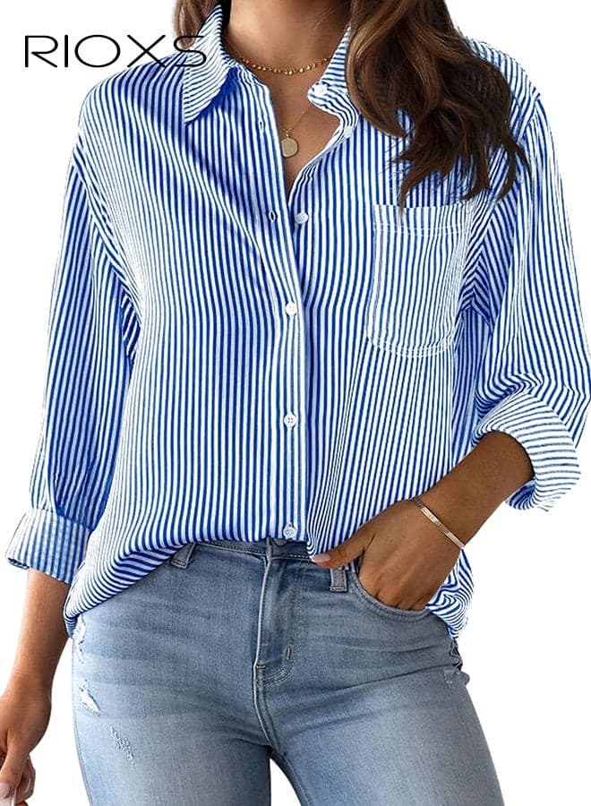 Women's Blue and White Striped Shirt, Long Sleeve Notch Collar Blouse with Chest Pocket, Casual Loose Fit Button Down Top, Breathable Shirt for Spring and Summer, Office Casual Striped Shirt, Weekend Brunch Outfit Top, Young Women's Fashion Top