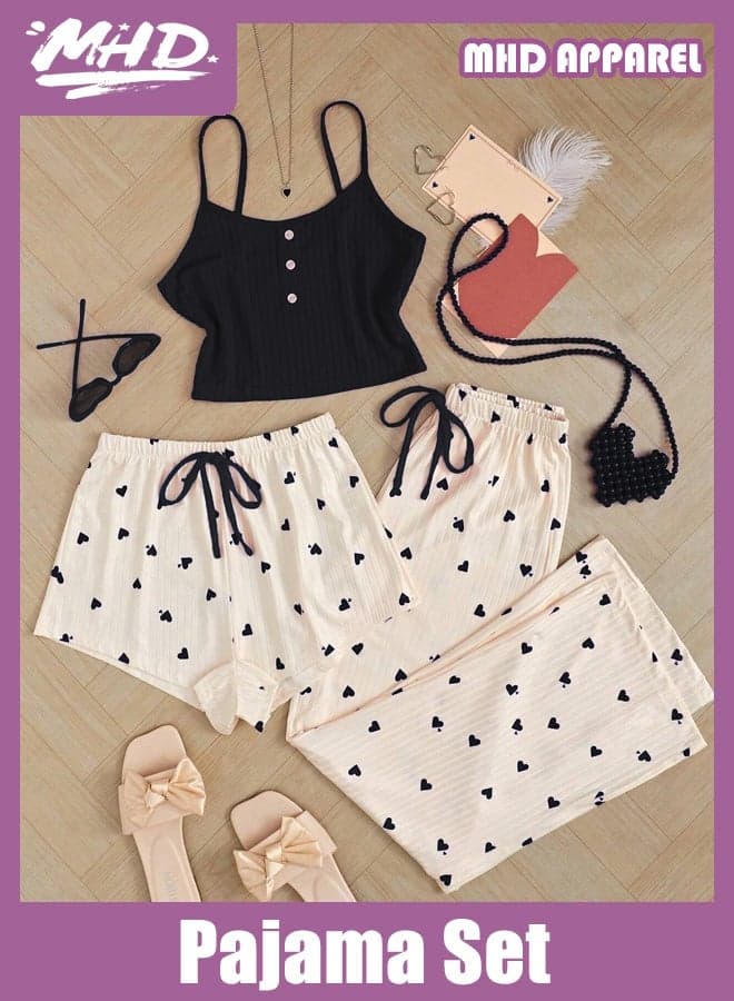 European Style Ribbed Heart Print Casual Sling Vest Shorts and Long Pants Set for Women