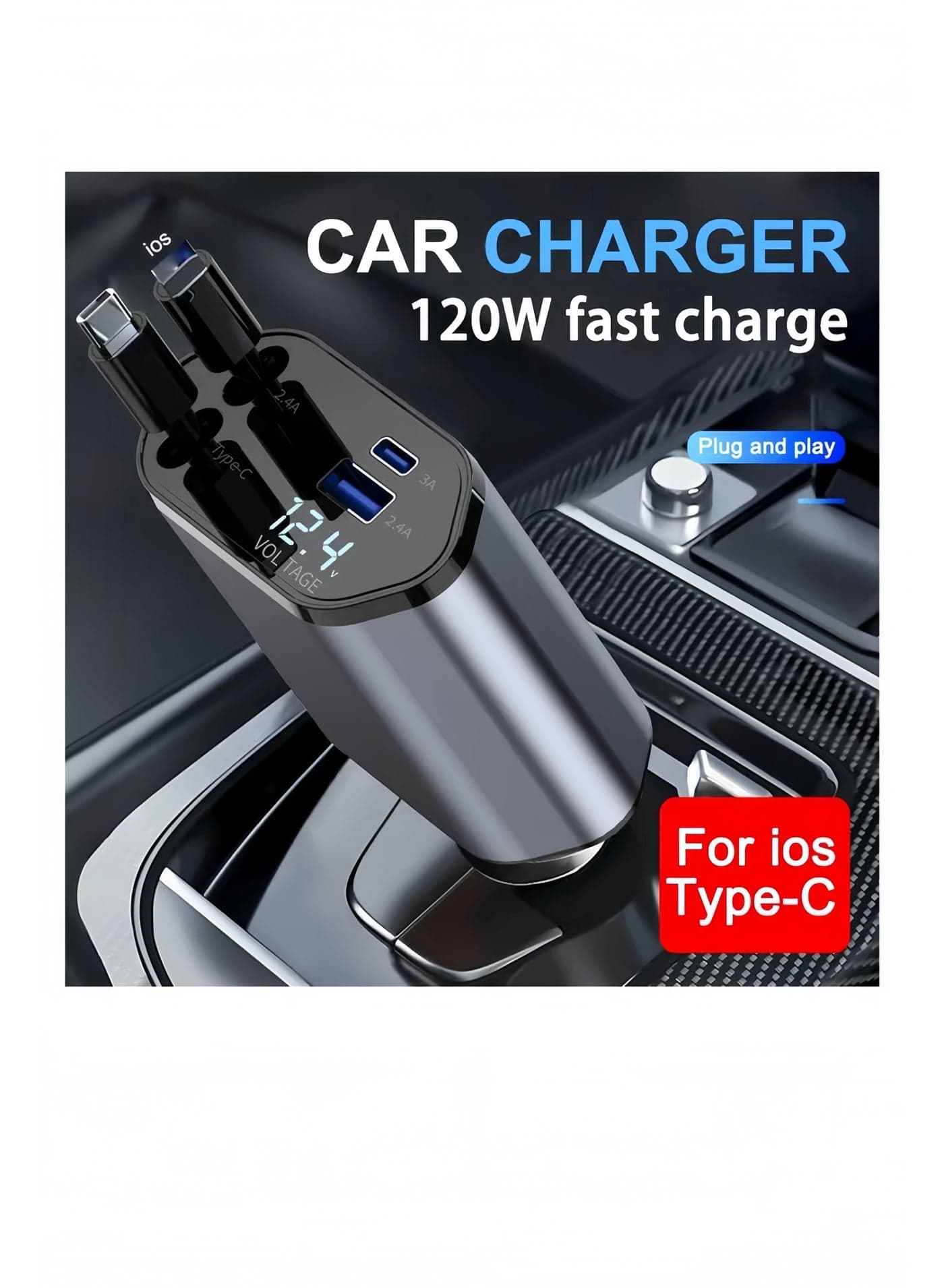Car Charger - Fast Charging 4-in-1 Adapter with Collapsible Lightning & Type C Cables, Dual USB Ports & Voltage Display - Compatible with iPhone, iPad, Galaxy -Powerfull Output (Grey, Black)