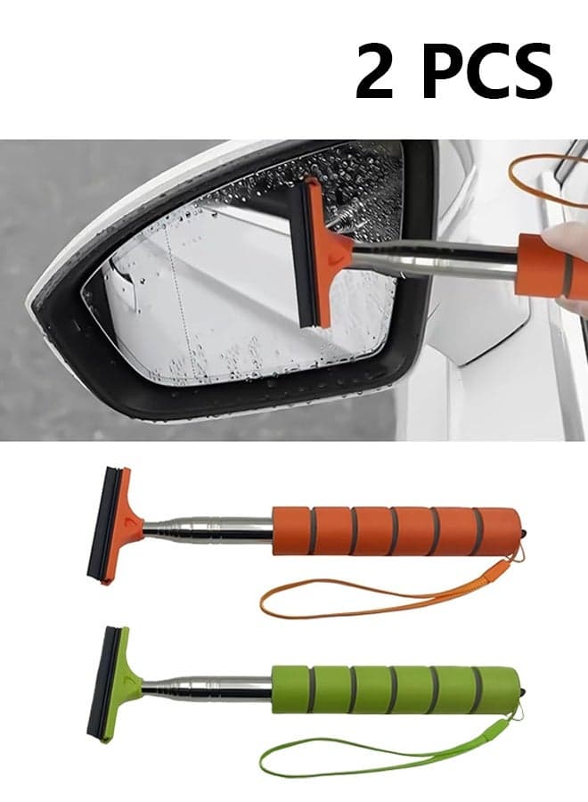 2 Pcs Car Rearview Mirror Wiper, Retractable Auto Glass Squeegee, Water Cleaner with Telescopic Long Rod, Portable Cleaning Tool for All Vehicles, Universal Automotive Accessories (Orange&Green)