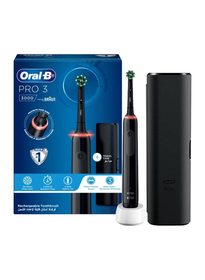 Oral-B Pro 3 Rechargeable Electric Toothbrush Set, Black, 3D Action Deep Clean, Visible Pressure Sensor, with Personalized Cleaning Modes, Travel Case Included, 1 Set