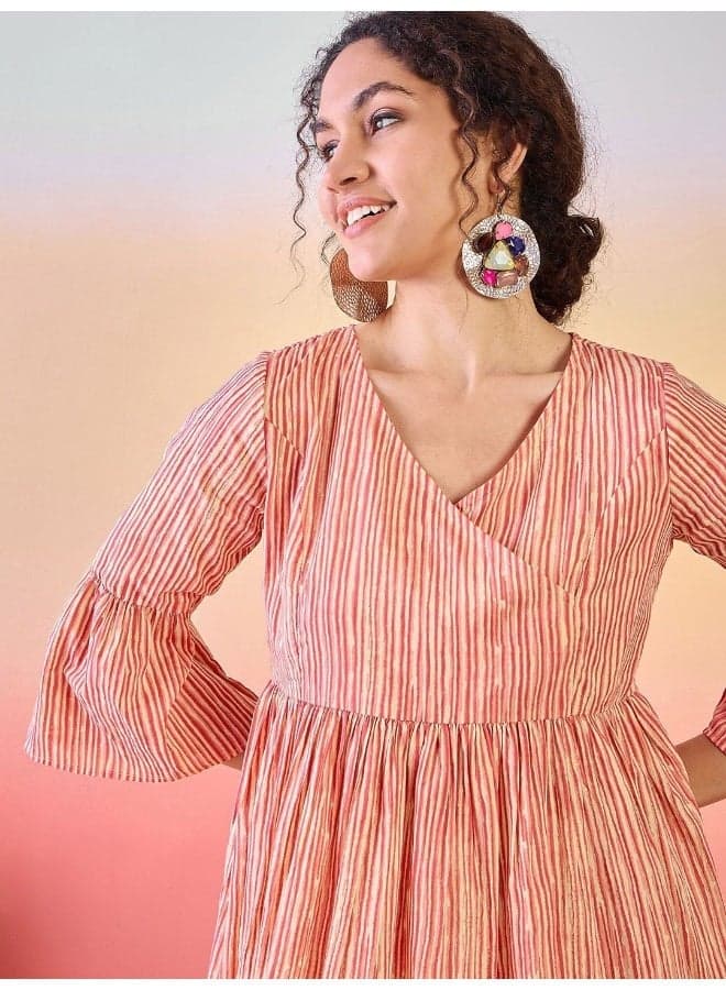 Striped V-Neck Bell Sleeves Cotton Tunic