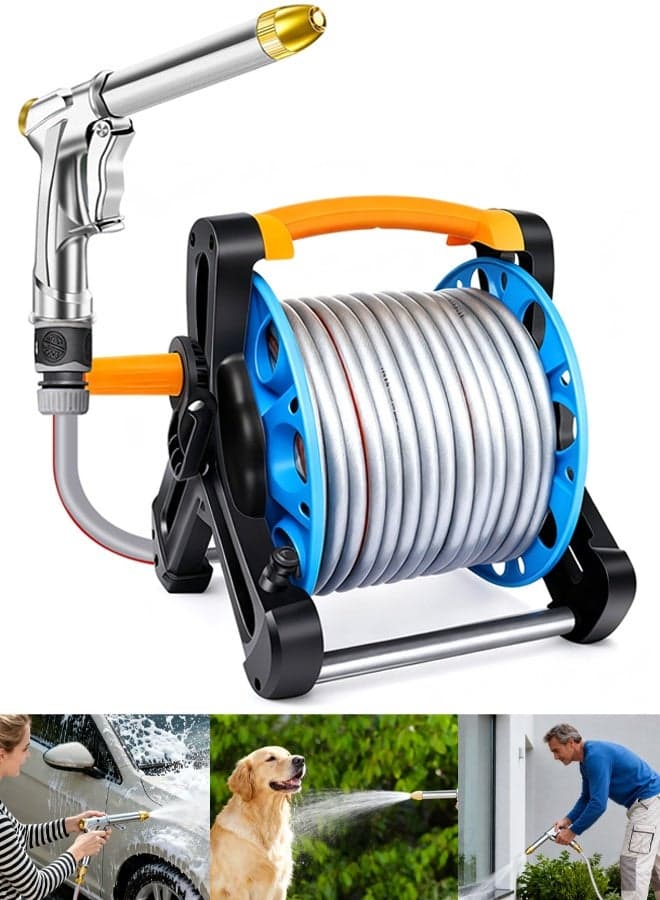 Powerful Pressure Car Wash Water Gun Water Hose with Reel, 10m/32.8ft Garden Watering Storage Car Pipe Set, Household High-Pressure Car Wash Water Gun,No Assembly,3-Ply Leakproof Hose Car Wash Holder