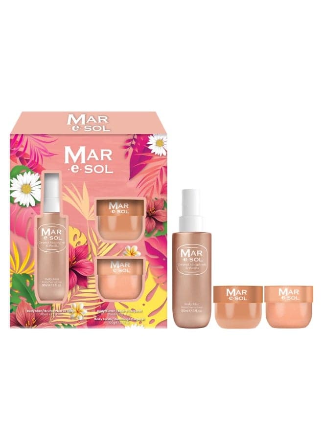 MAR.E.SOL Caramel Macadamia & Vanilla Gift Set – Body Mist 90ml + Body Scrub 100g + Body Butter 75ml | Sweet & Long-Lasting Fragrance | Nourishing Body Care Gift Set for Women