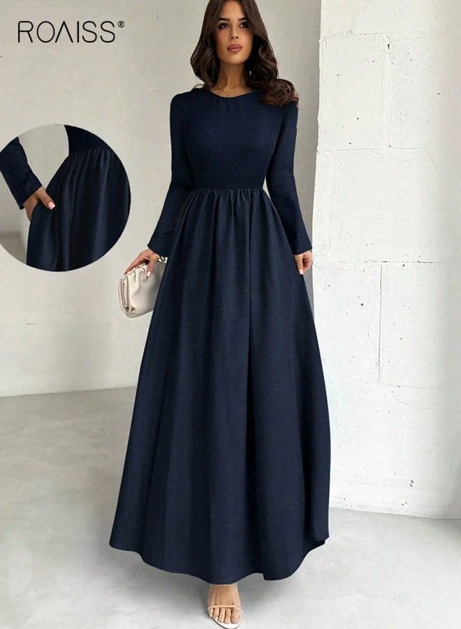 Ladies' Elegant Long-Sleeved Waist Dress A-Line Dress Round Neck and High Waist with Pleats Navy Blue Long Skirt for Daily Commuting and Partying Maxi Dress