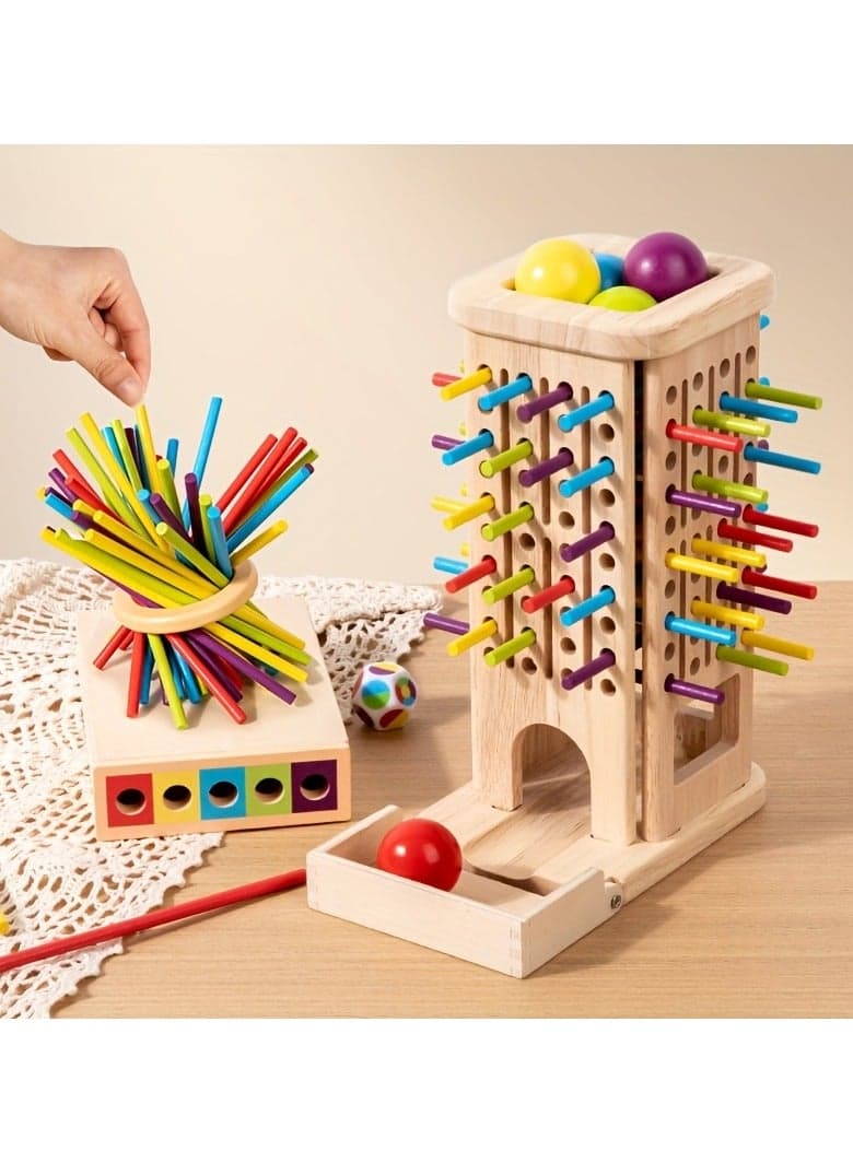 3-in-1 Wooden Board Game for Family - Tumble Tower with Rainbow Sticks, Dice & Balls - Montessori Beech Wood Game for Kids Ages 3+, Teens & Adults - CE EN71 Certified - Solo, Family Game Night & Party Gift