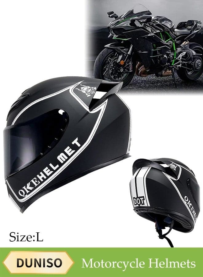 Full Face Motorcycle Helmet, Lightweight Crash Resistant Motorcycle Helmet, All Season Cool Racing Helmet,with Black Lenses, Breathable Lining, Suitable for Both Men and Women (L)