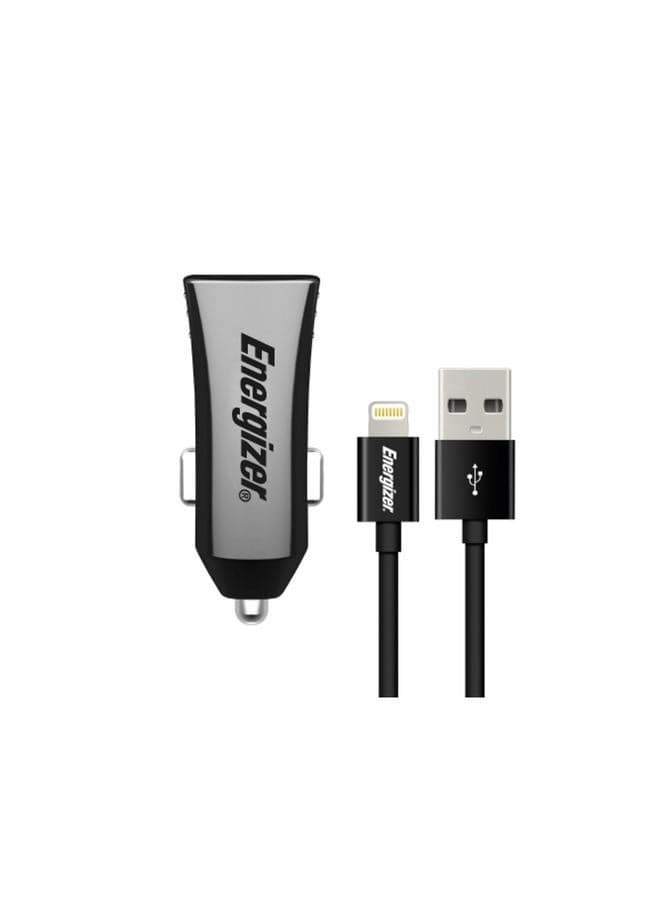 Ultimate 3.4A Dual Port Car Charger with Smart IC Technology and Fast Charging Lightning Cable Black/Silver
