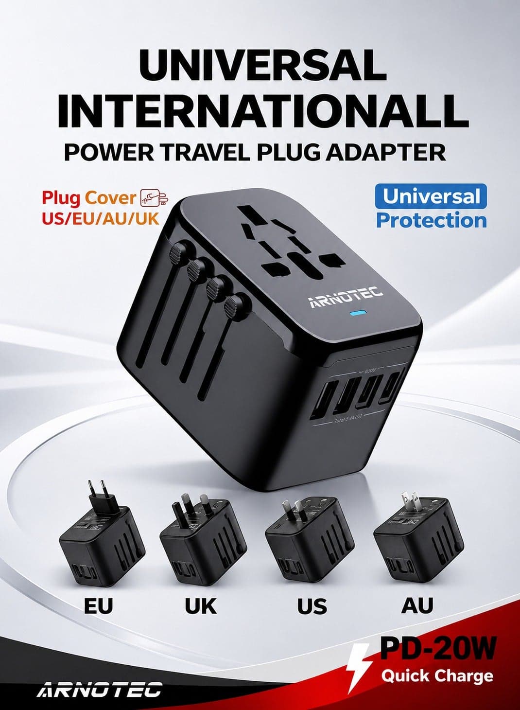 Universal International Travel Plug Adapter, 5-in-1 Worldwide Power Adapter with 2×USB-A (2.4A) + 2×USB-C (3A), 100–250V 10A Multi Country AC Outlet for EU US UK AU – Black